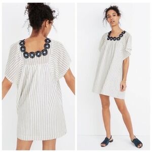 Madewell Striped Crochet Neck Shift Dress Navy White Short Sleeve Size M